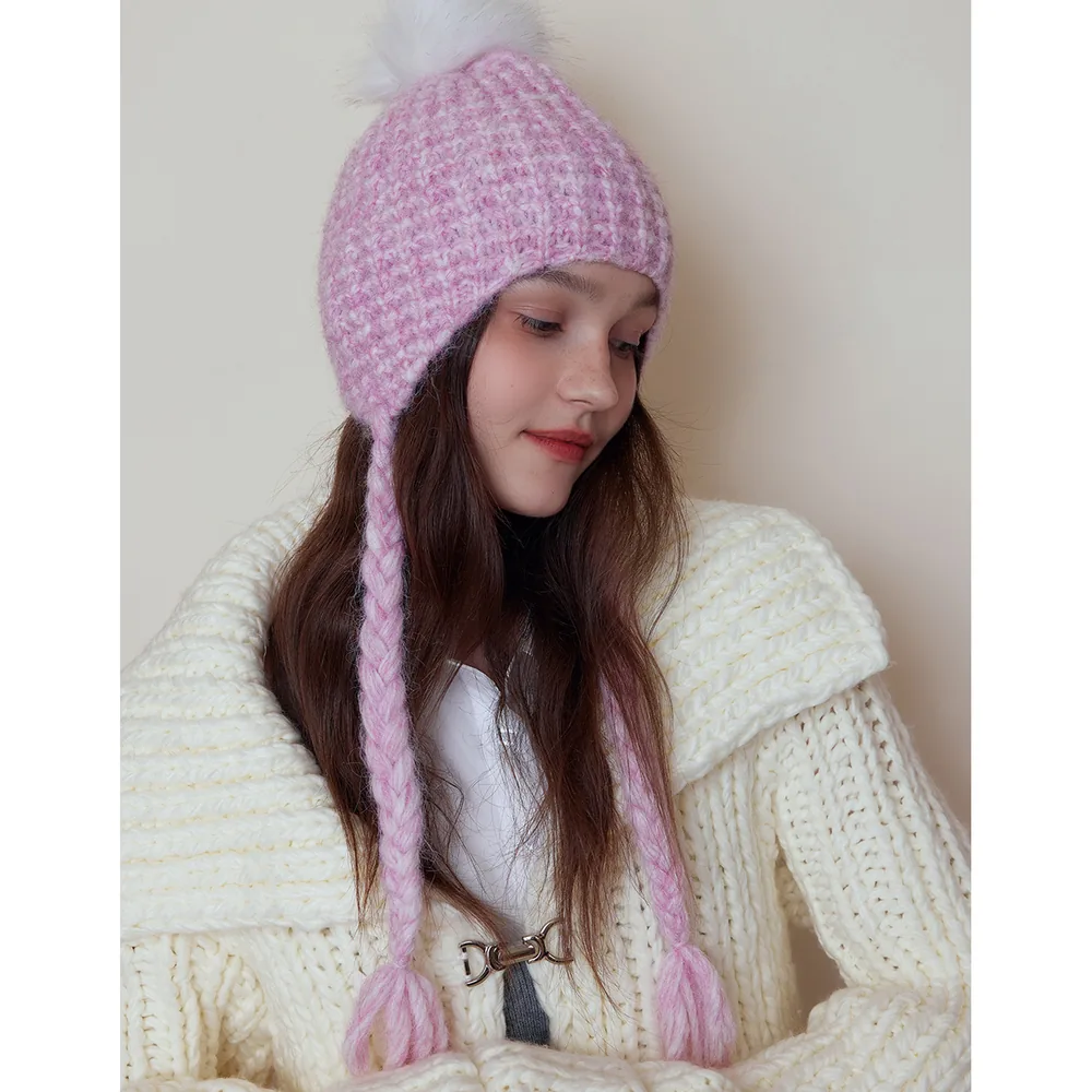 QL1115 Pom-Pom Earflap Braided Hat