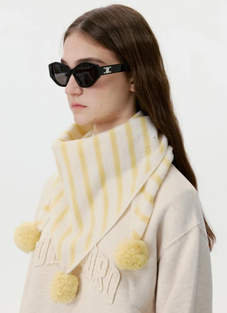 JJH721 Striped Pom-Pom Triangle Scarf