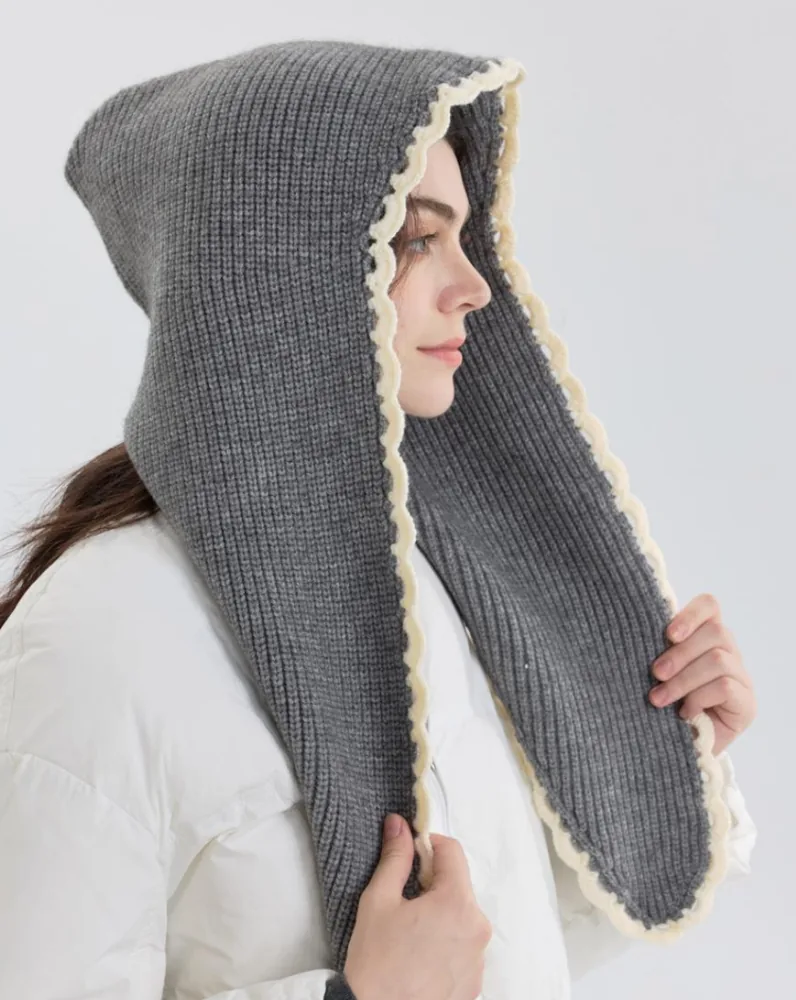 QL1104 Lace-Trim Knitted Hooded Shawl
